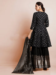 Elegant Black Art Silk Kurta Set: Intricate Woven Patterns & Versatile Style