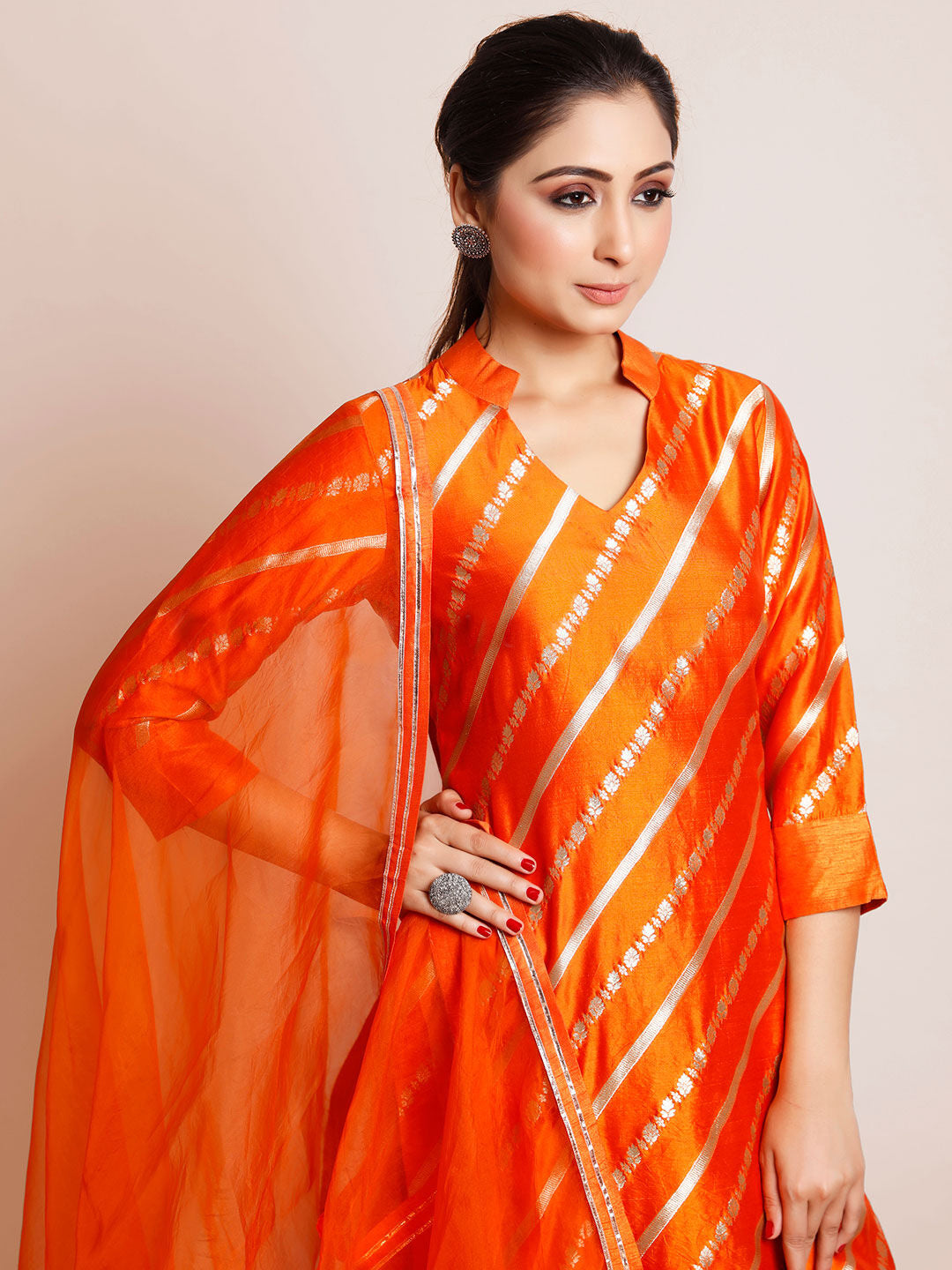 Exquisite Orange Art Silk Kurta Set: Elegant, Comfortable & Festive-Ready