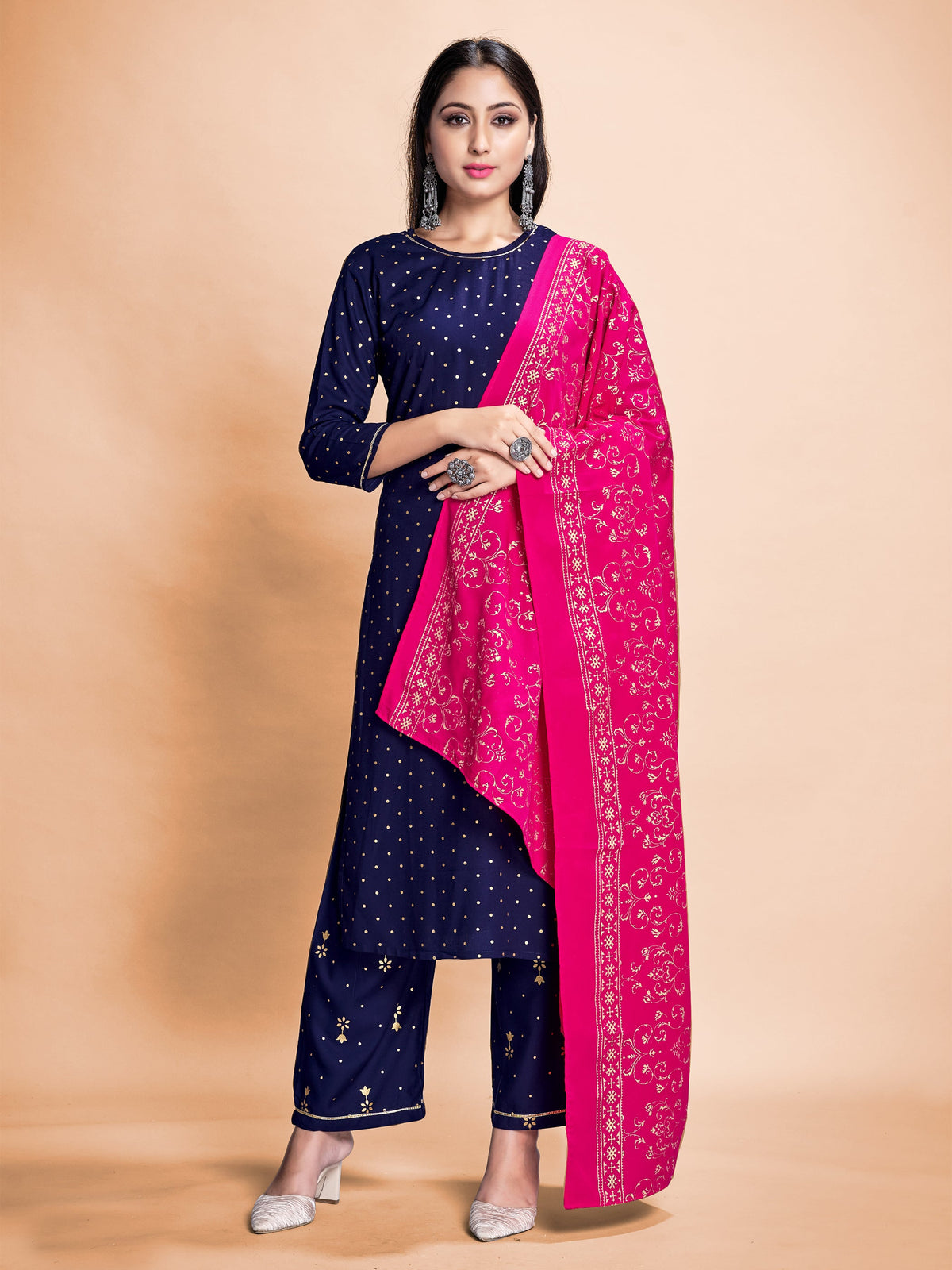 Elegant Navy Blue Rayon Foil Printed Kurta Set for Festive & Casual Wear