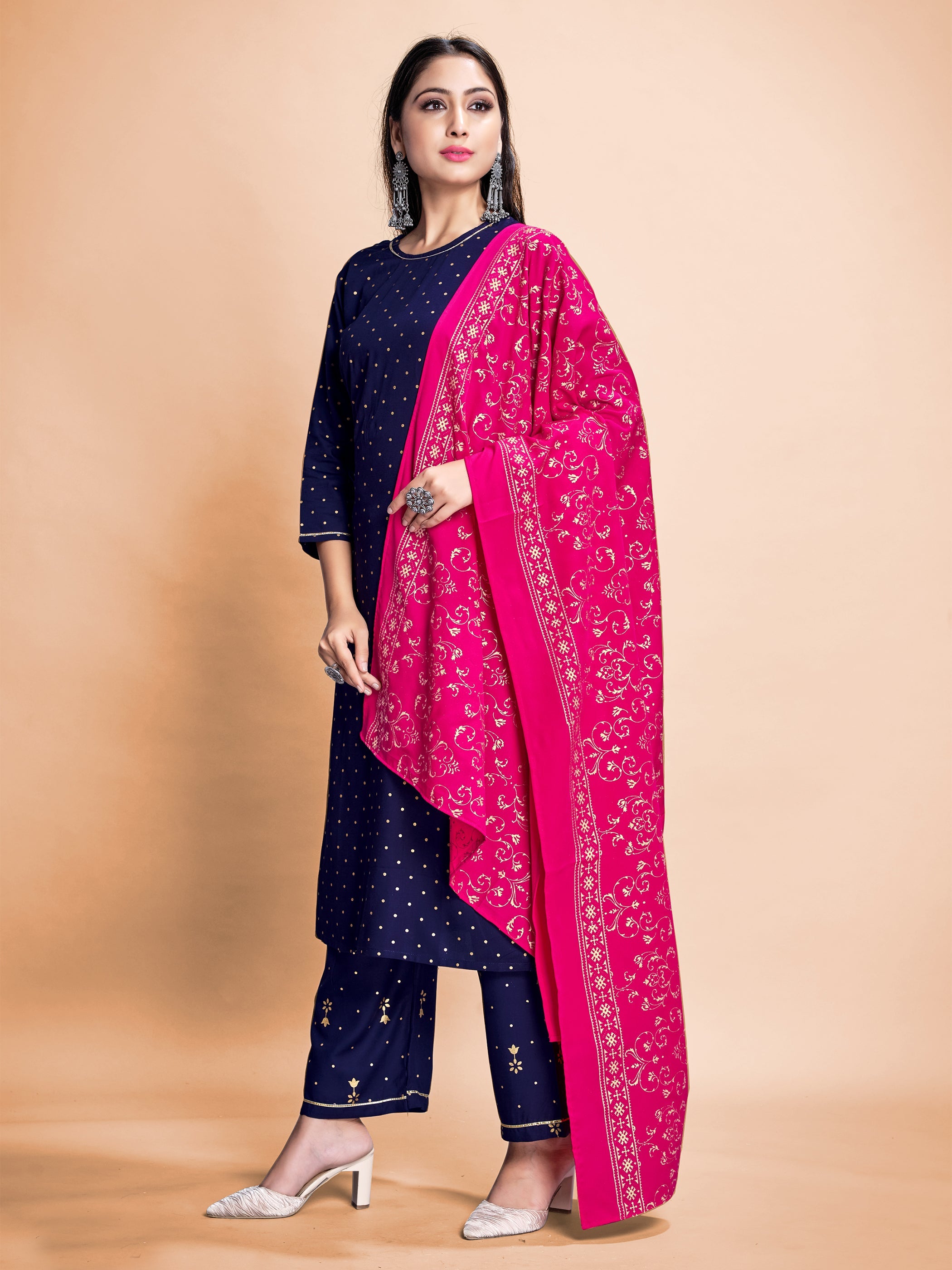 Elegant Navy Blue Rayon Foil Printed Kurta Set for Festive & Casual Wear