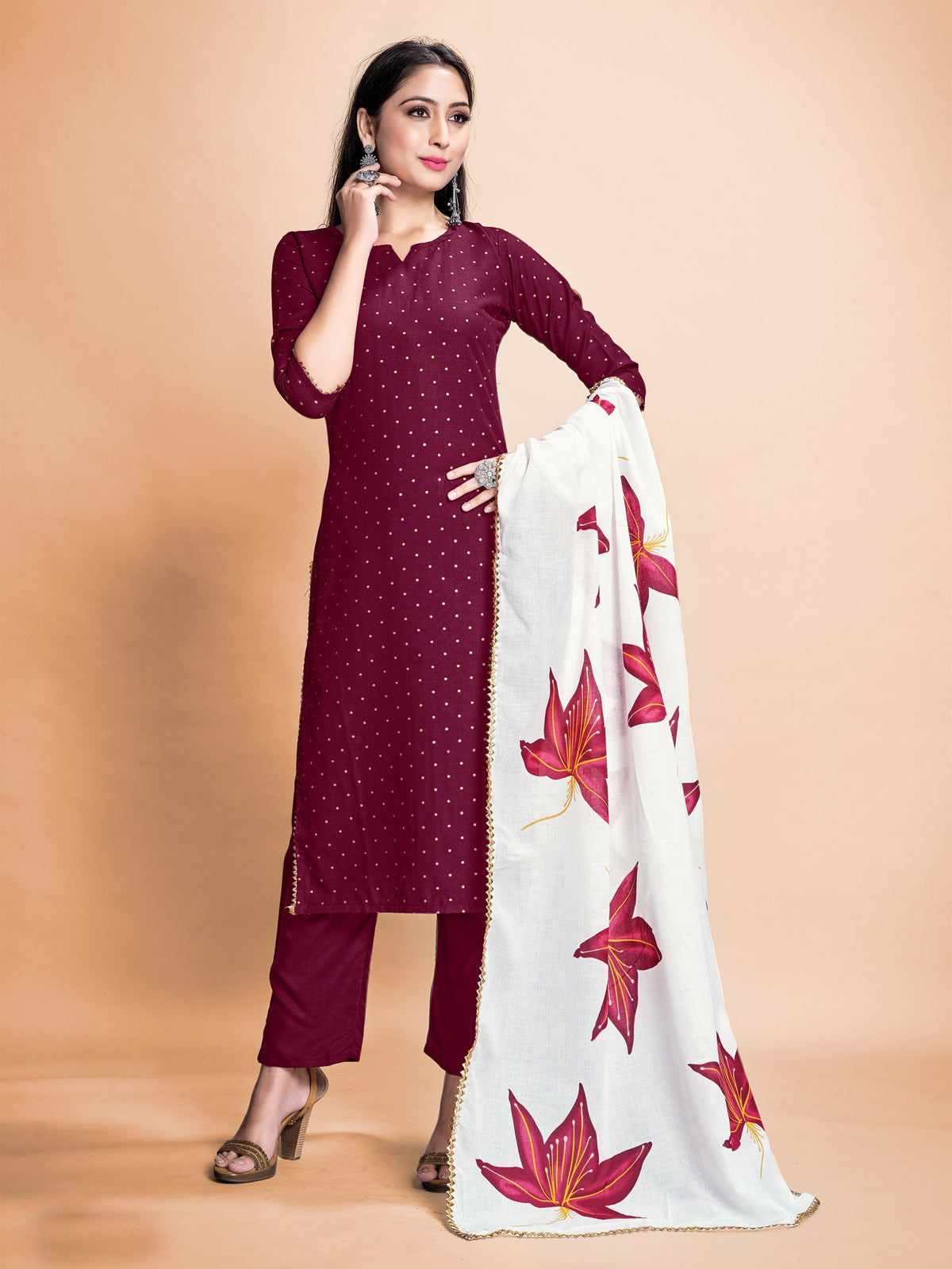 Exquisite Wine Rayon Foil Printed Kurta Set: Perfect for Festive Occasions