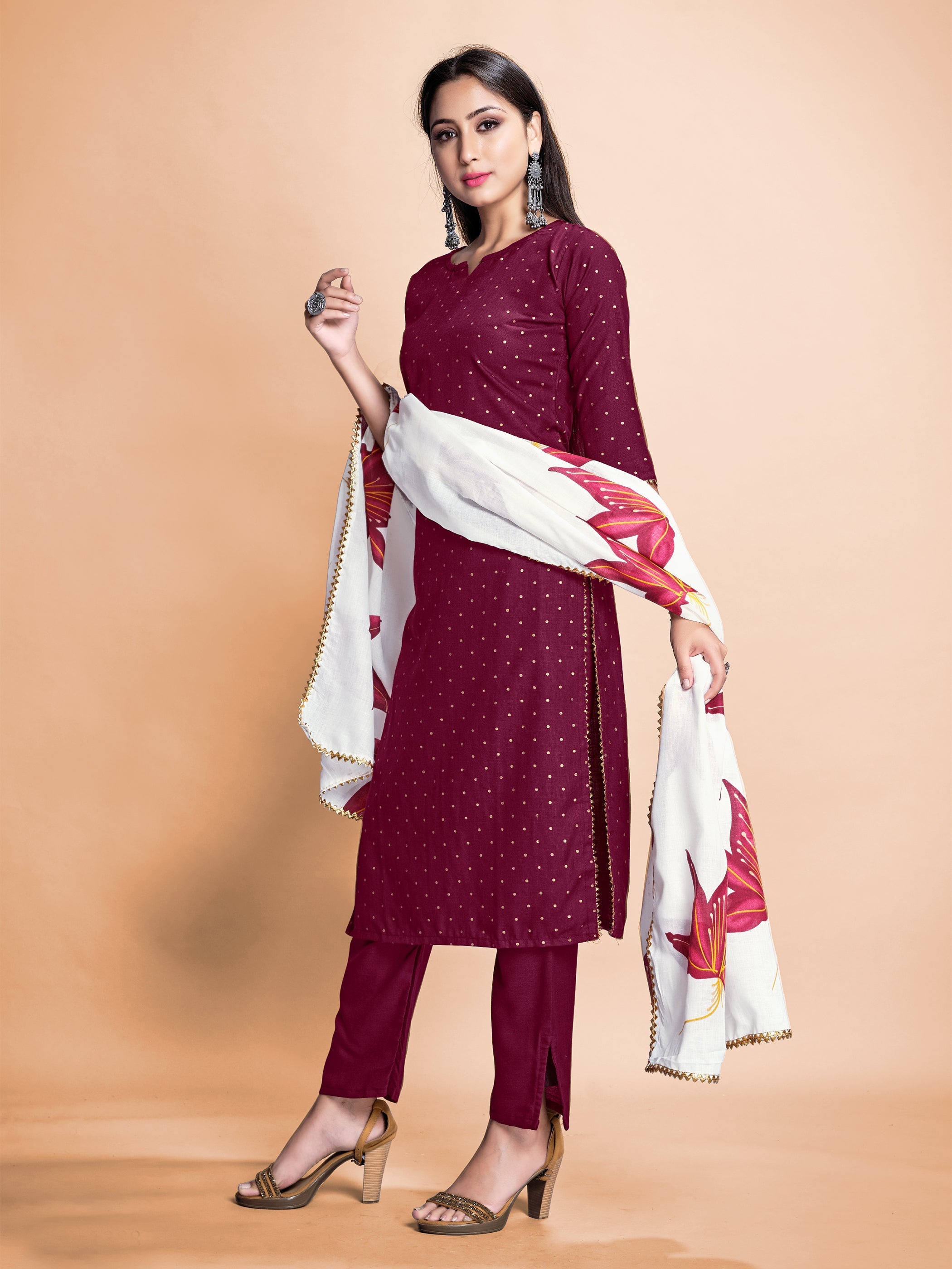 Exquisite Wine Rayon Foil Printed Kurta Set: Perfect for Festive Occasions