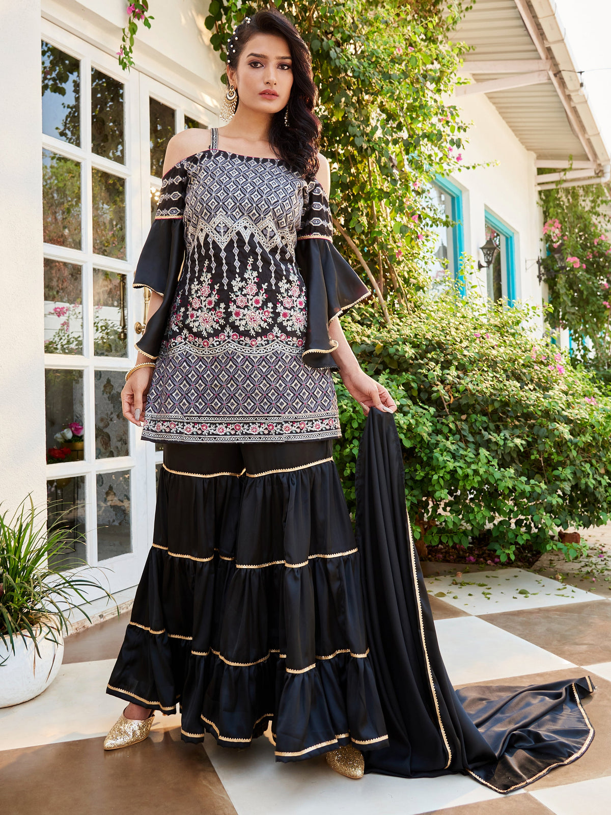 Elegant Black Cotton Dress with Intricate Embroidery for All-Day Comfort