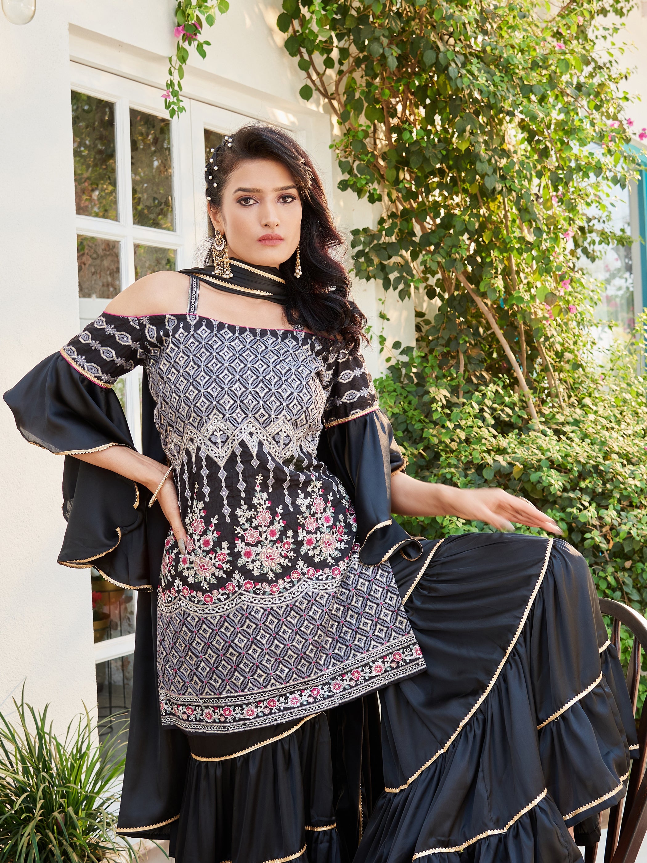 Elegant Black Cotton Dress with Intricate Embroidery for All-Day Comfort