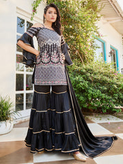 Elegant Black Cotton Dress with Intricate Embroidery for All-Day Comfort