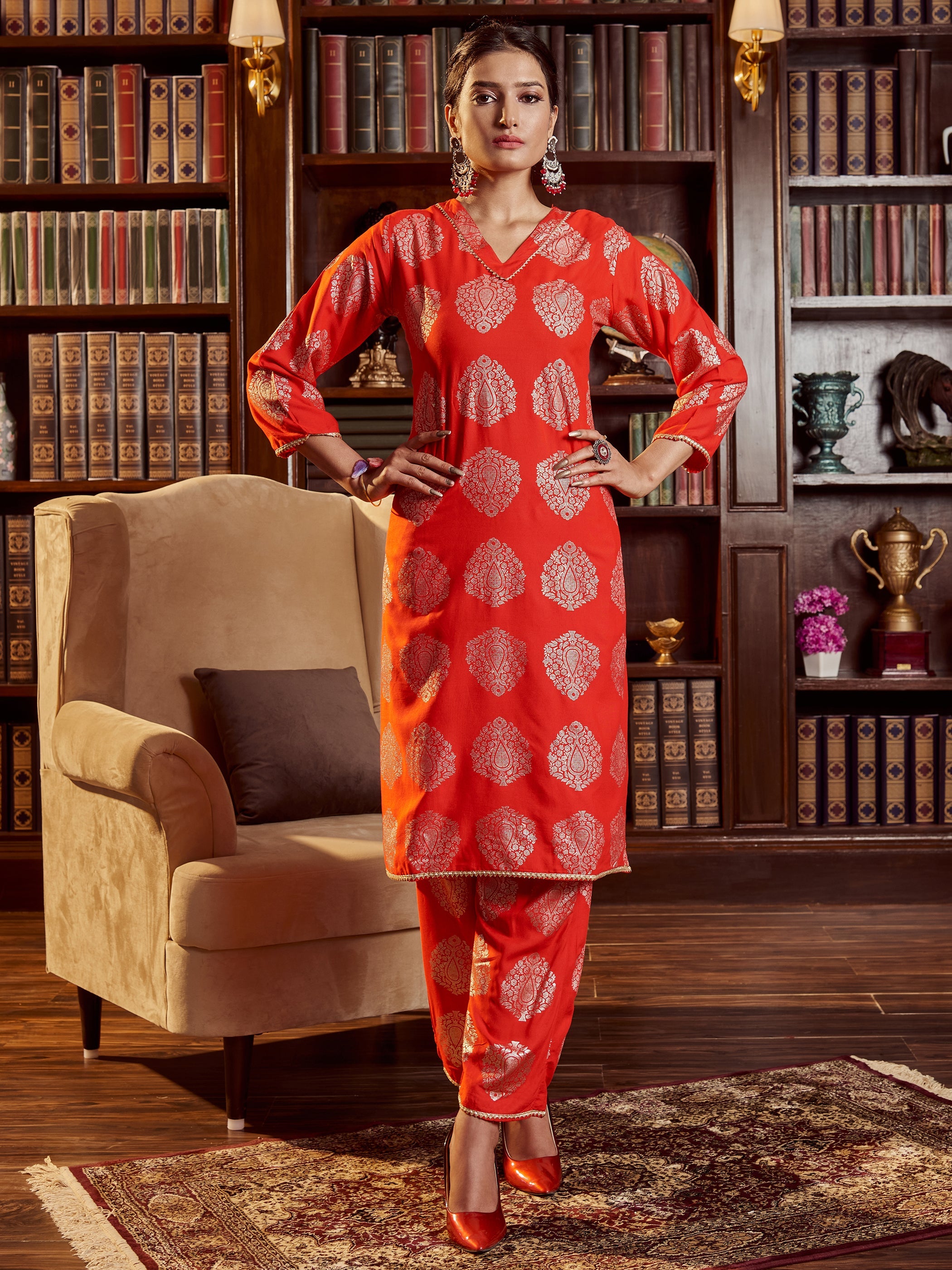 Stunning Red Rayon Foil Printed Kurta Set: Elevate Your Style with Elegance