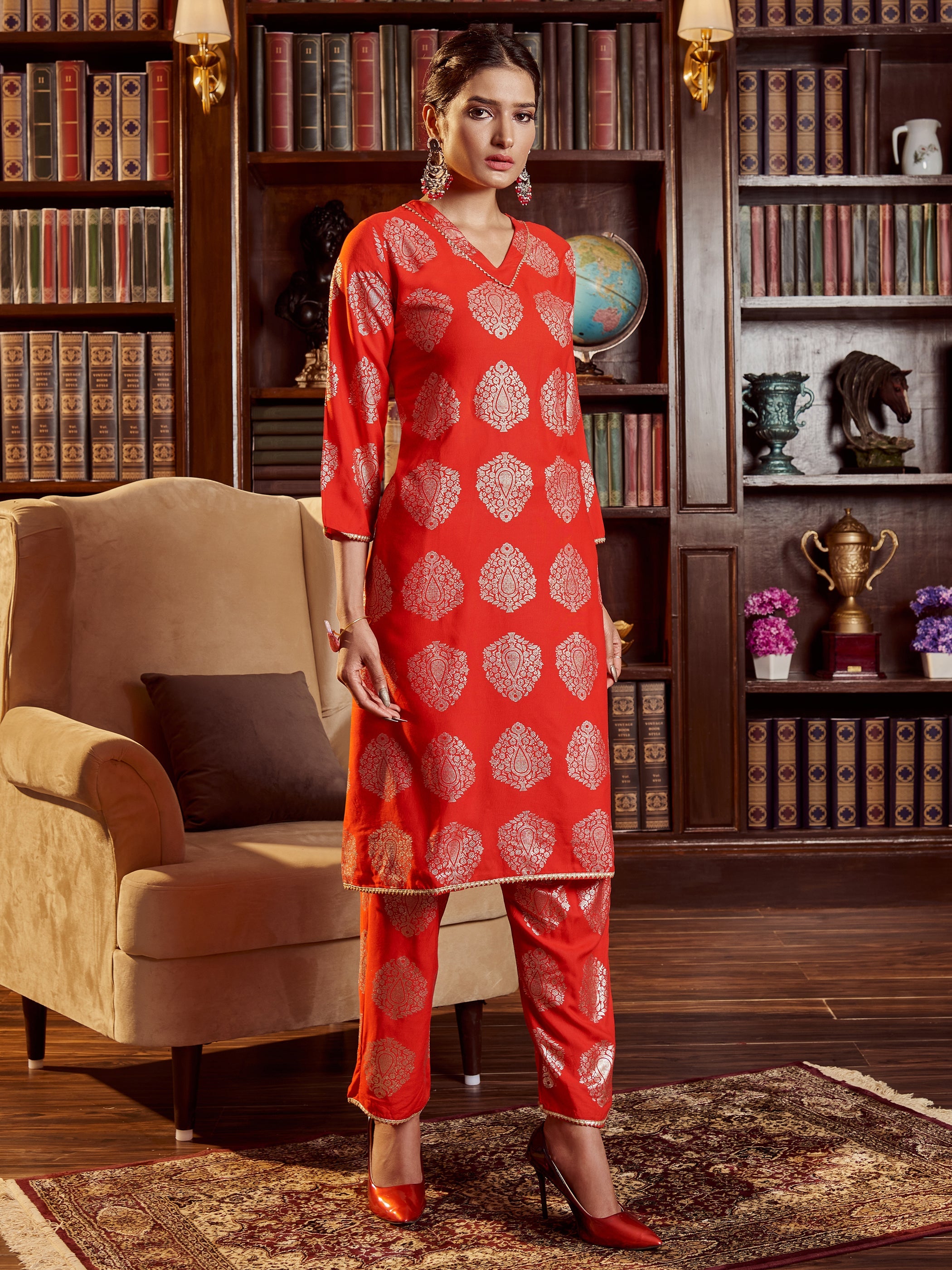 Stunning Red Rayon Foil Printed Kurta Set: Elevate Your Style with Elegance