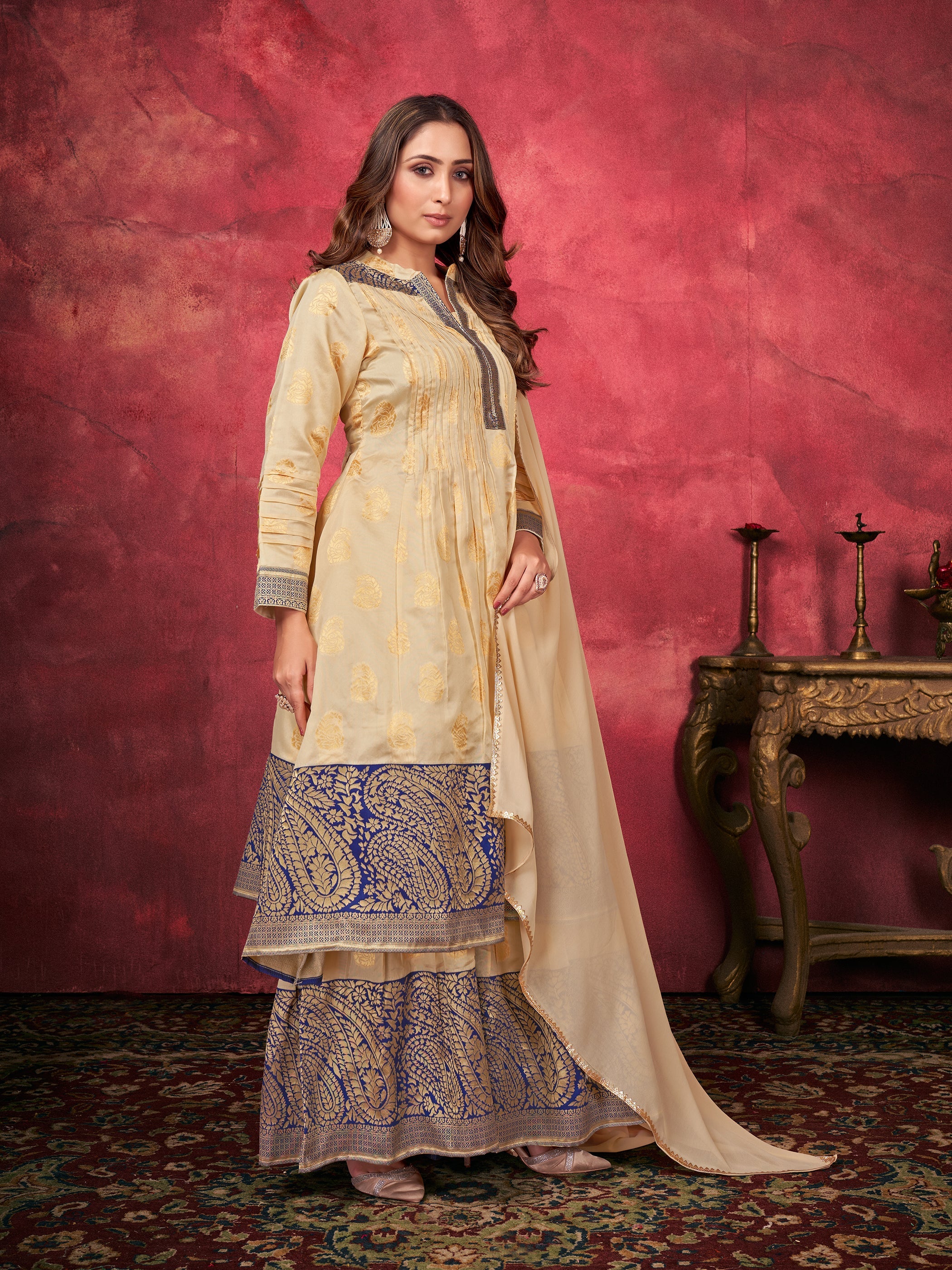 Elegant Beige Art Silk Kurti Palazzo Dupatta set