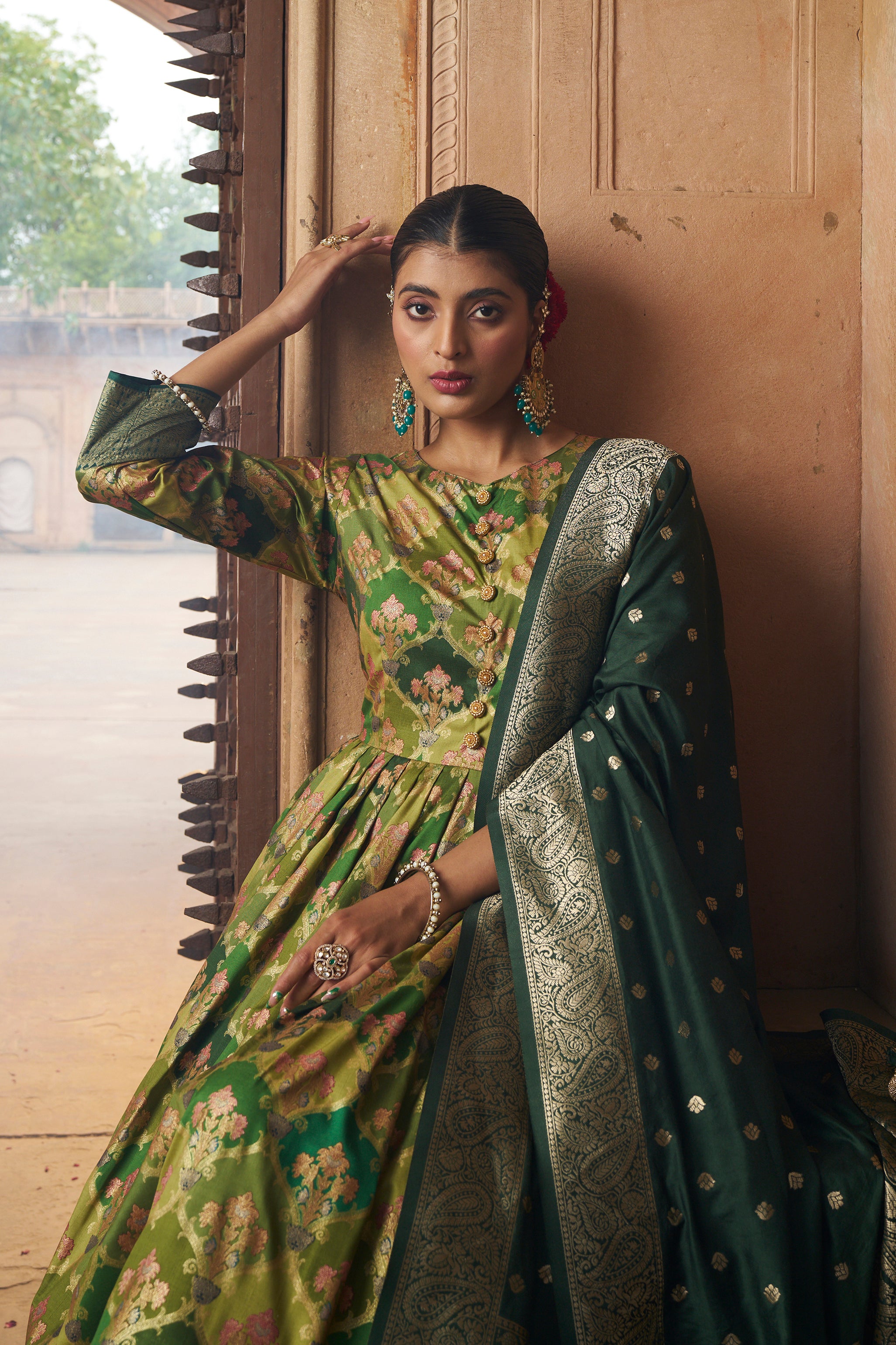 Stunning Green Silk Foil Printed Anarkali Kurta Set for Festive Celebrations