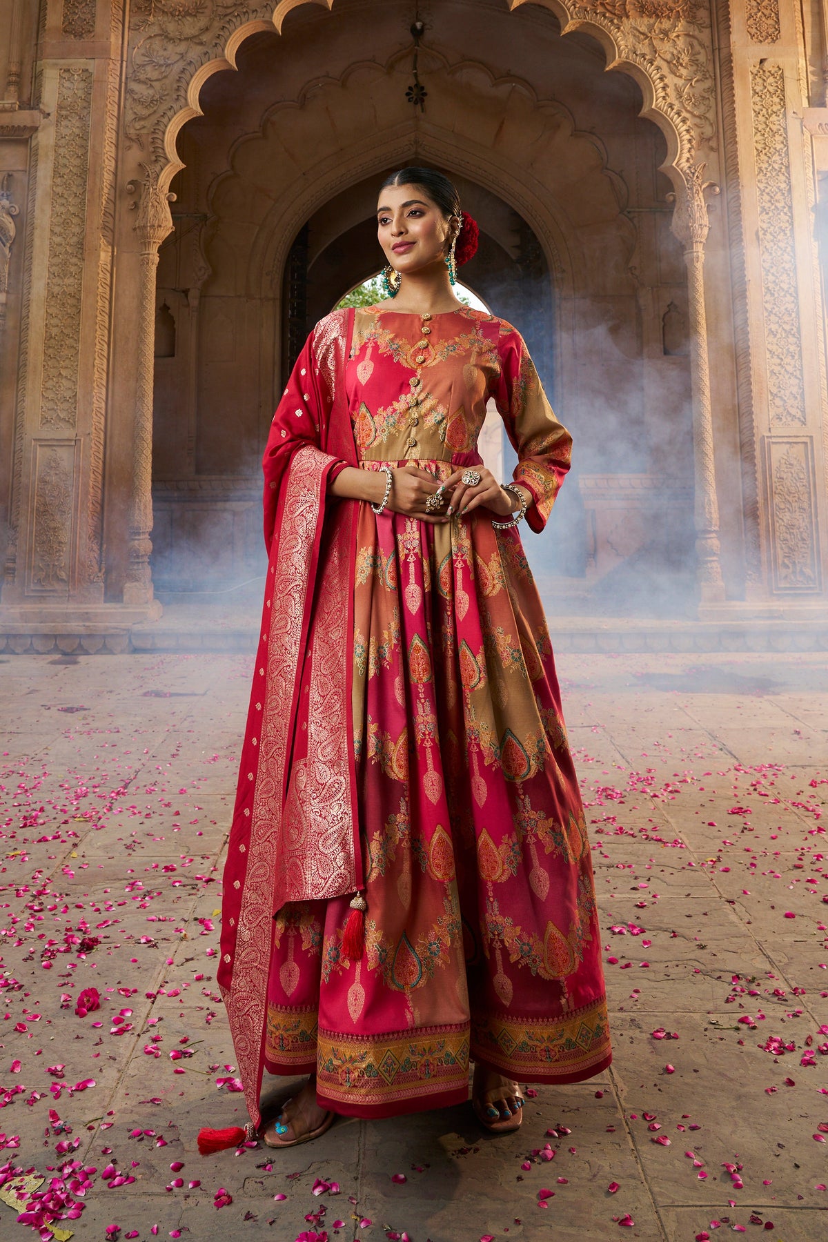 Elegant Red Silk Foil Printed Anarkali Kurta Set for Festive Celebrations