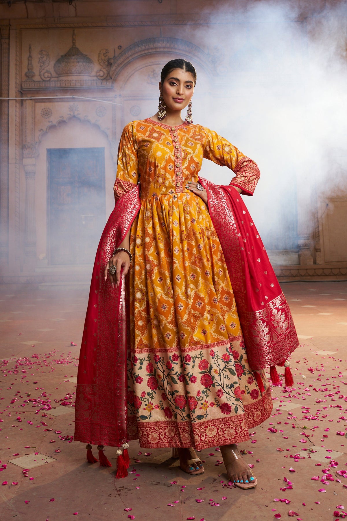 Yellow Silk Foil Printed Anarkali Kurta Set - Elegant Traditional & Modern Style