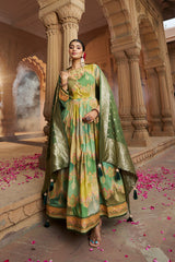 Amazing Green Silk Foil Printed Anarkali Kurta Set for Festive Celebrations