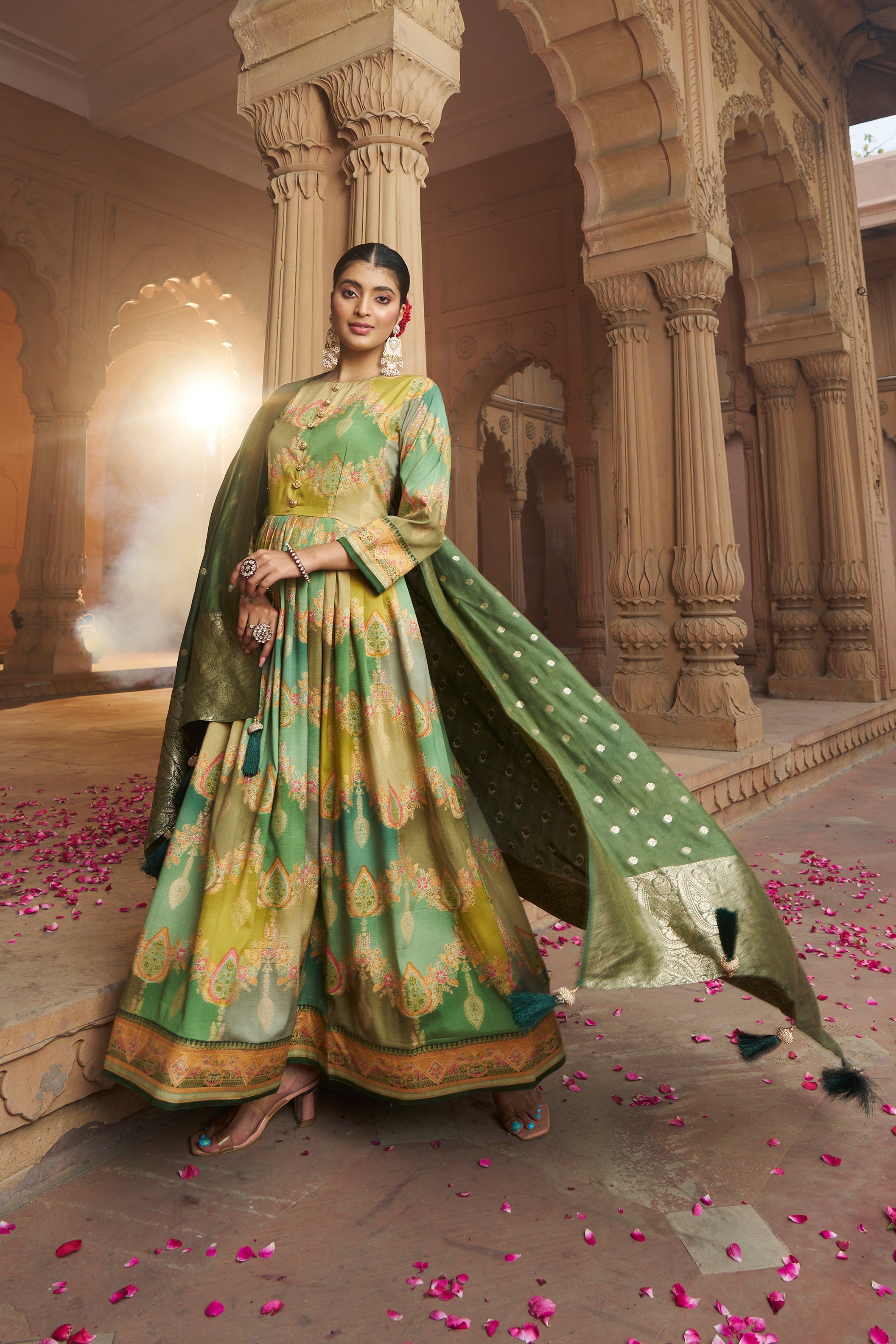 Amazing Green Silk Foil Printed Anarkali Kurta Set for Festive Celebrations