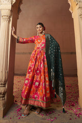 Ravishing Orange Silk Foil Printed Anarkali Kurta Set for Festive Elegance