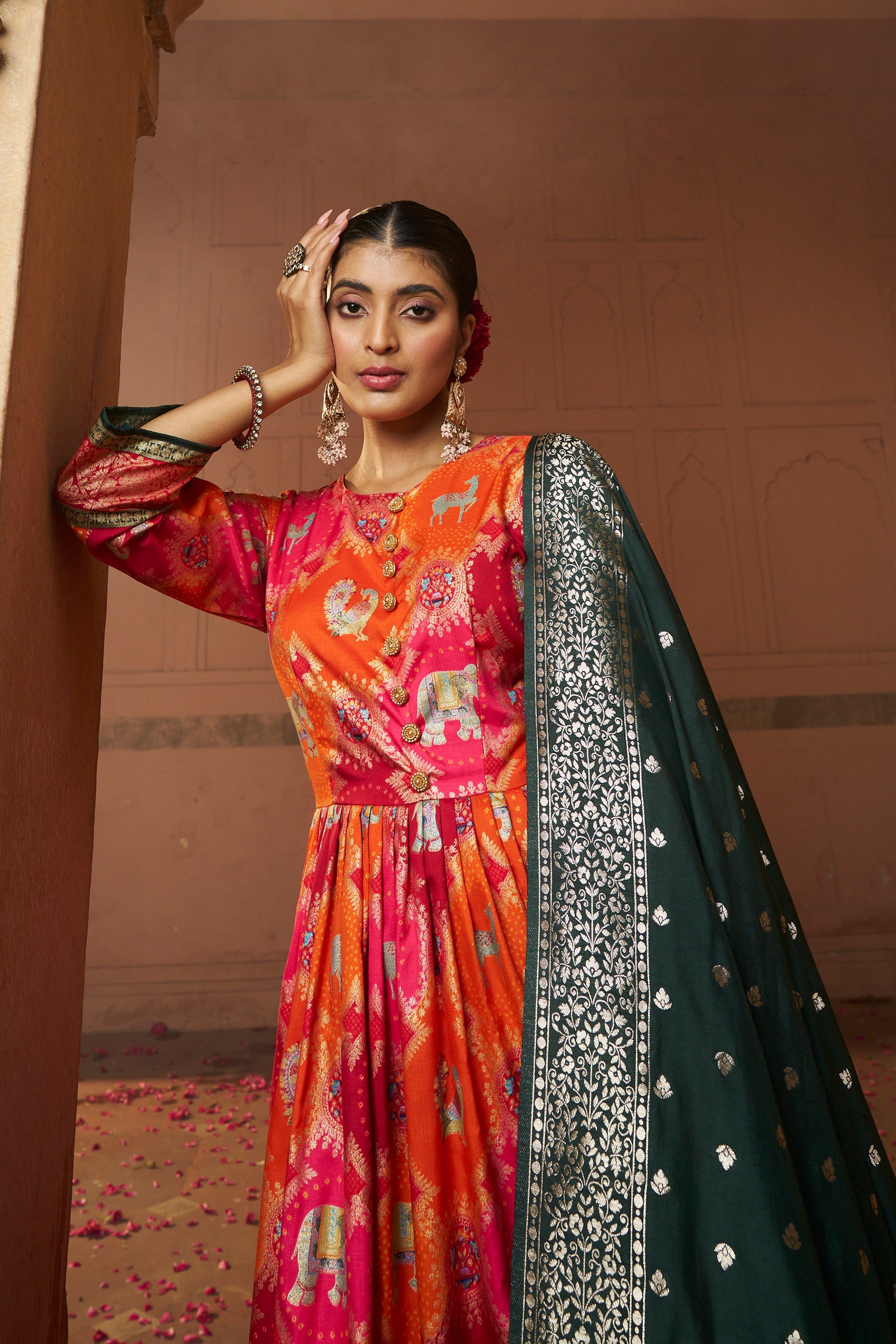 Ravishing Orange Silk Foil Printed Anarkali Kurta Set for Festive Elegance