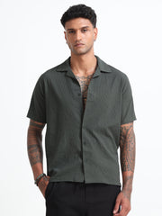 Bottle-Green Cuban Collar Men's Shirt - Half Sleeves, Cotton Blend, Regular Fit