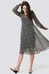 Stylish Black Georgette V Neck Dress with Polka Dots & Puff Sleeves