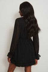 Chic Black Georgette V Neck Overlap Dress with Puff Sleeves - Solid Style Fashion