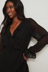 Chic Black Georgette V Neck Overlap Dress with Puff Sleeves - Solid Style Fashion