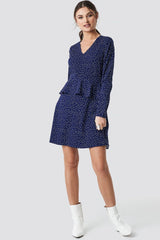 Stylish Blue Polka Dot Short Dress with Flounce Layers & Long Sleeves