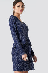 Stylish Blue Polka Dot Short Dress with Flounce Layers & Long Sleeves