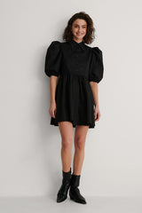 Chic Black Rayon High Neck Dress with Puff Sleeves