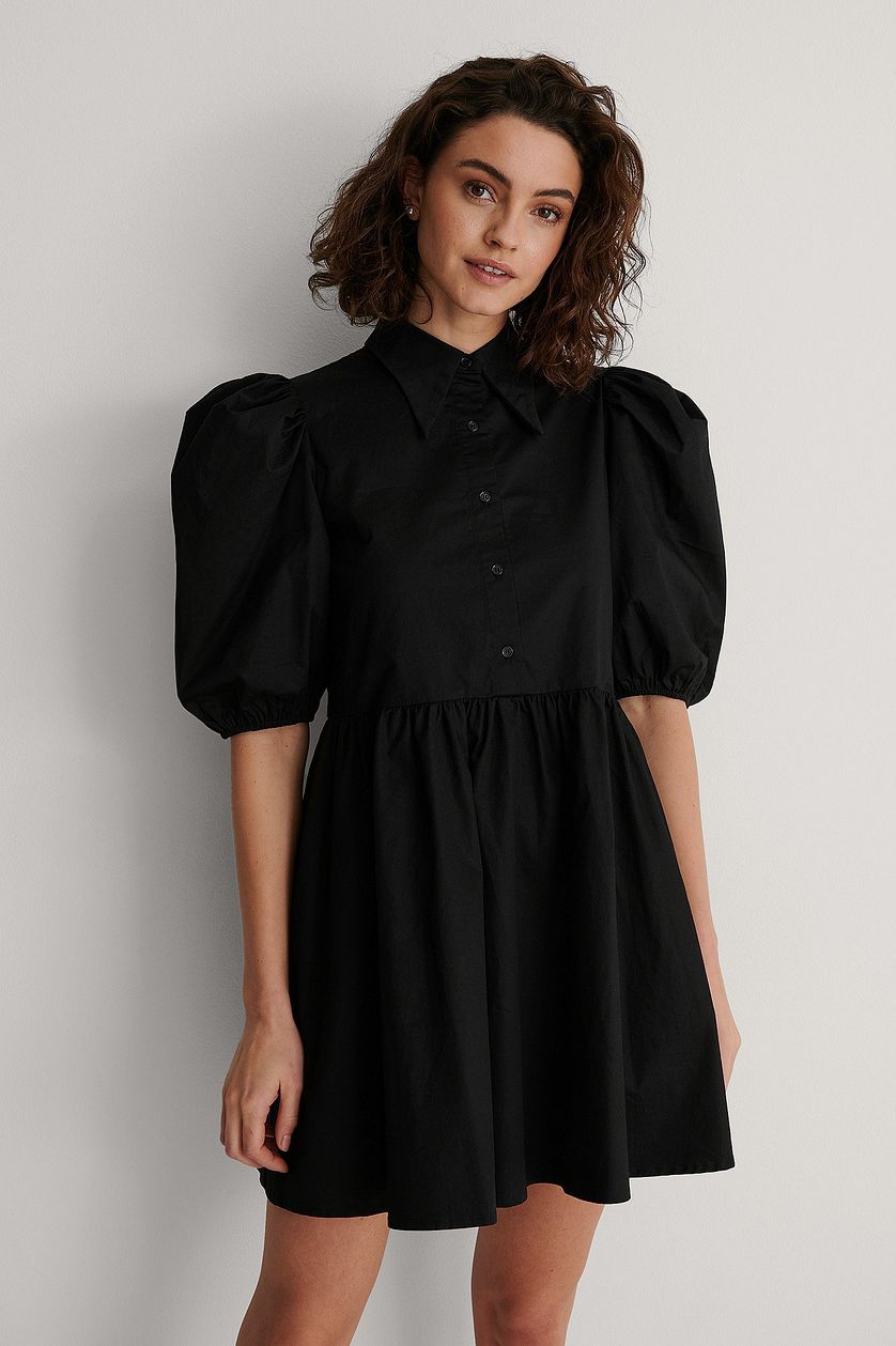 Chic Black Rayon High Neck Dress with Puff Sleeves