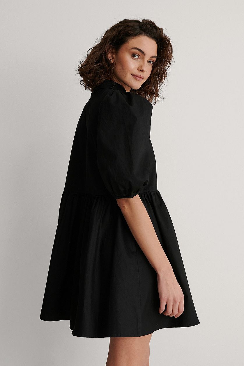 Chic Black Rayon High Neck Dress with Puff Sleeves