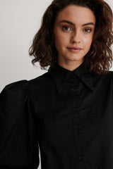 Chic Black Rayon High Neck Dress with Puff Sleeves