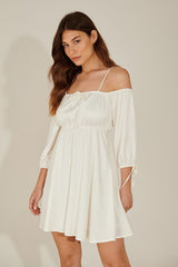 Chic White Fit and Flare Dress with Solid Three-Quarter Sleeves