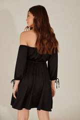 Stylish Black Fit and Flare Dress with Solid Three-Quarter Sleeves