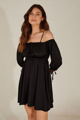 Stylish Black Fit and Flare Dress with Solid Three-Quarter Sleeves