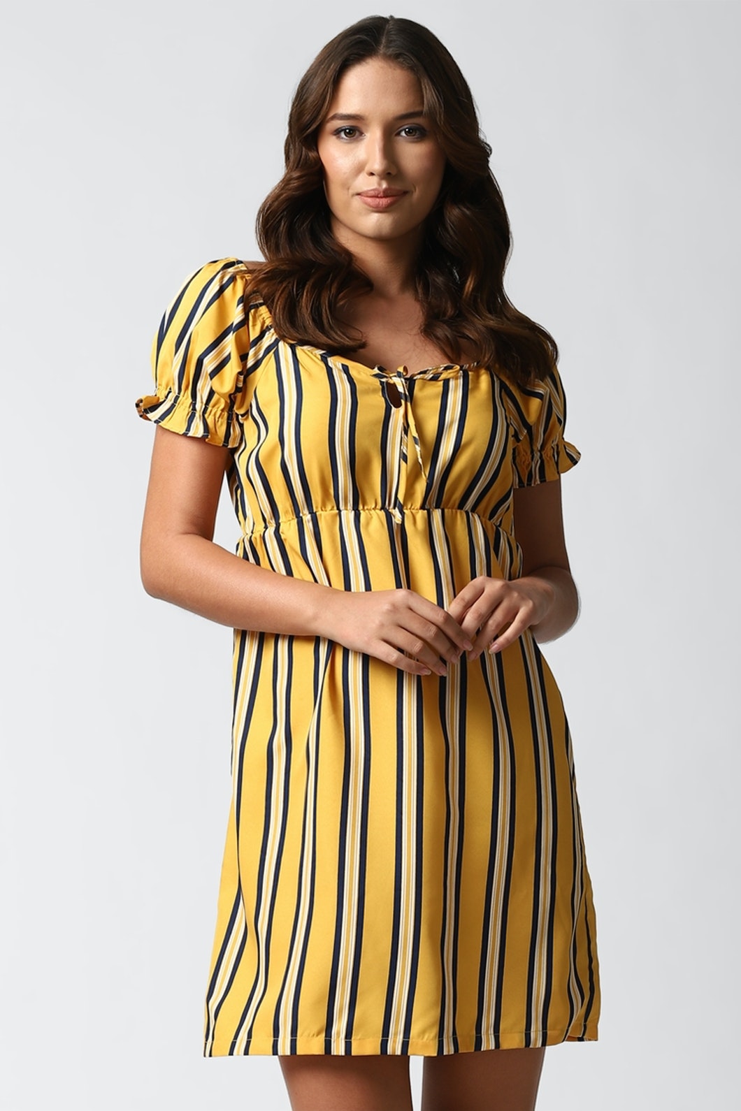 Yellow A-line Polyester Short Dress with Abstract Print & Short Sleeves