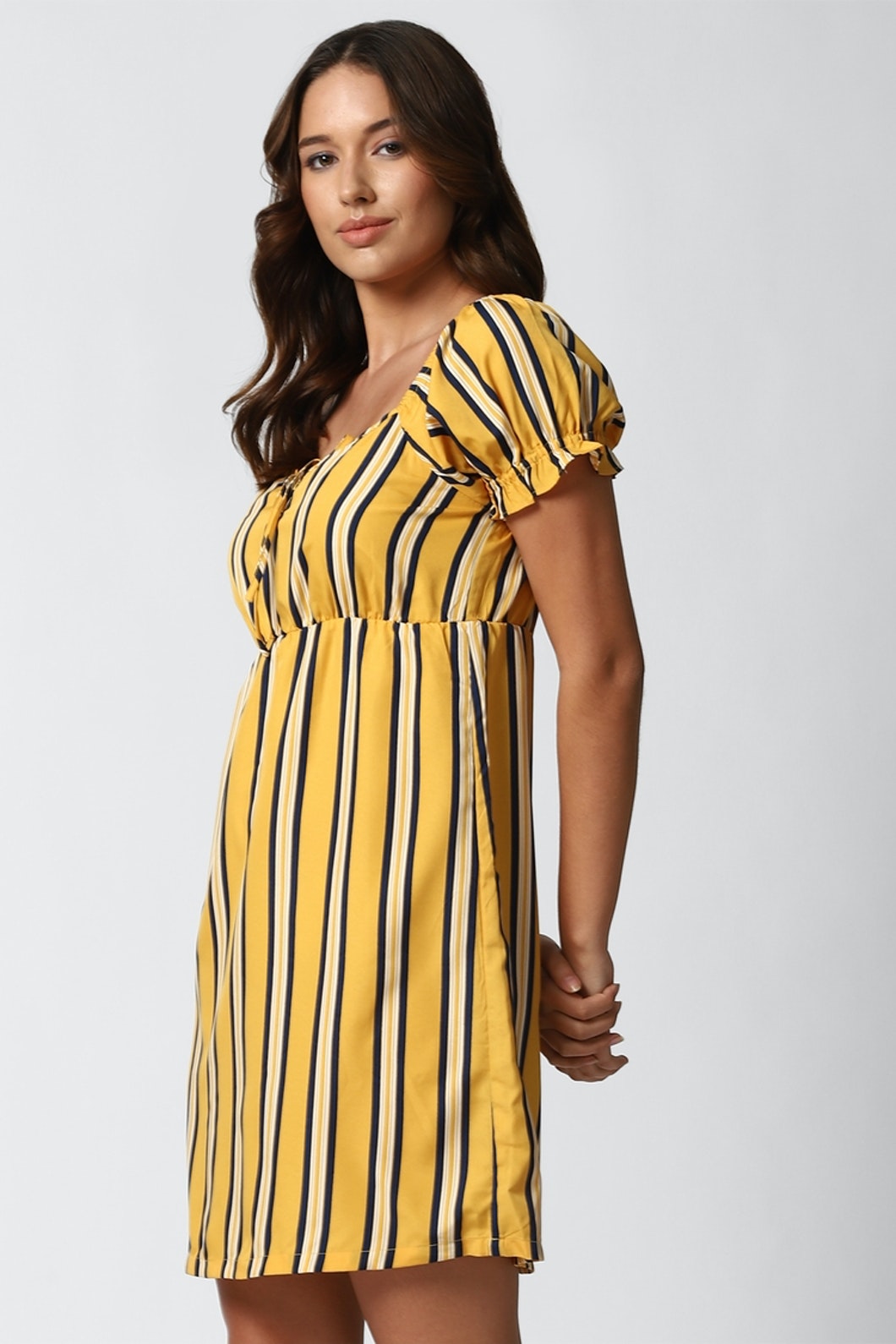 Yellow A-line Polyester Short Dress with Abstract Print & Short Sleeves