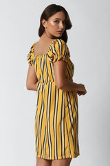 Yellow A-line Polyester Short Dress with Abstract Print & Short Sleeves