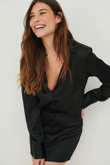 Elegant Black Satin V Neck Dress with Puff Sleeves - Perfect for Any Occasion