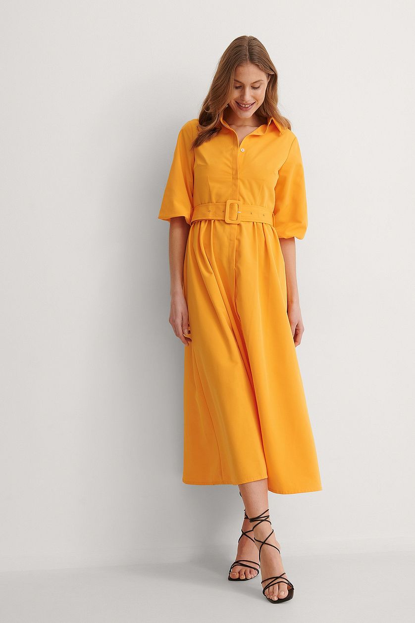 Stylish Orange Rayon Maxi Dress with Solid Balloon Sleeves for Any Occasion