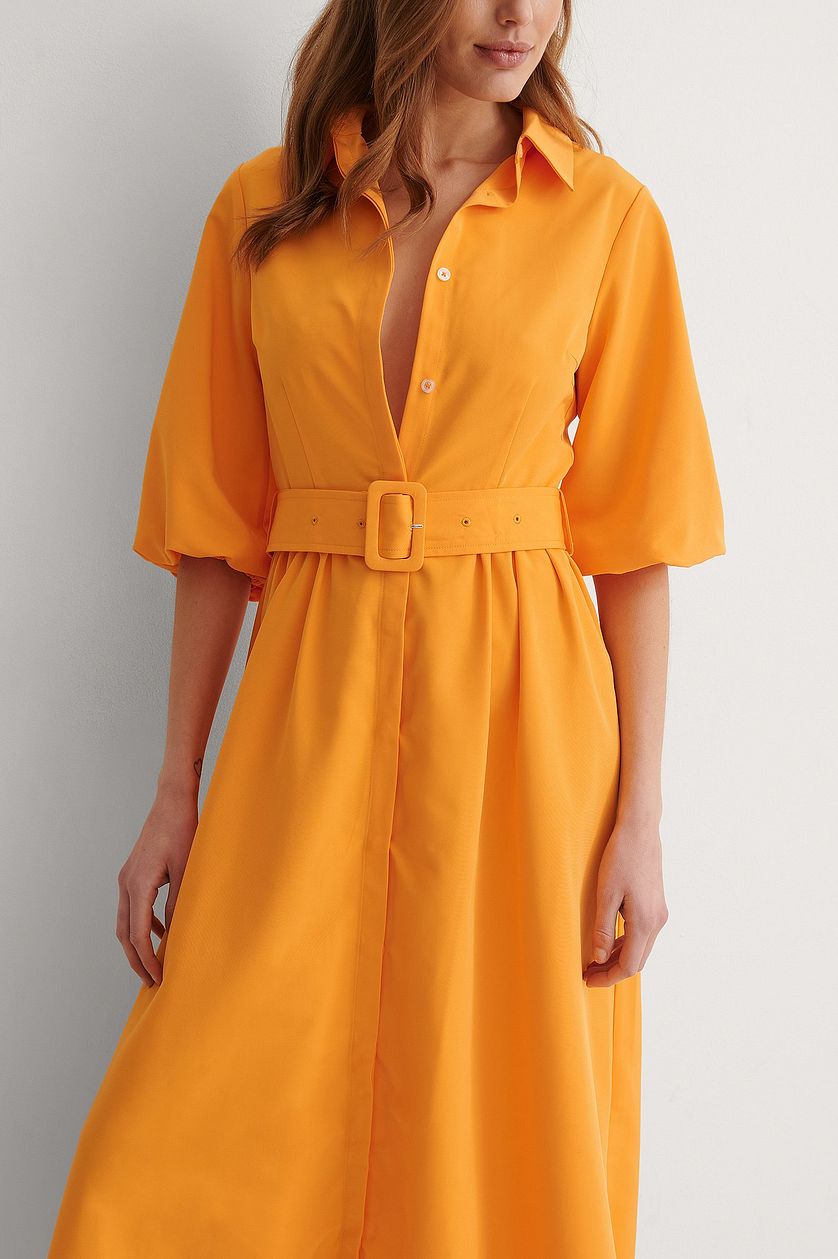 Stylish Orange Rayon Maxi Dress with Solid Balloon Sleeves for Any Occasion