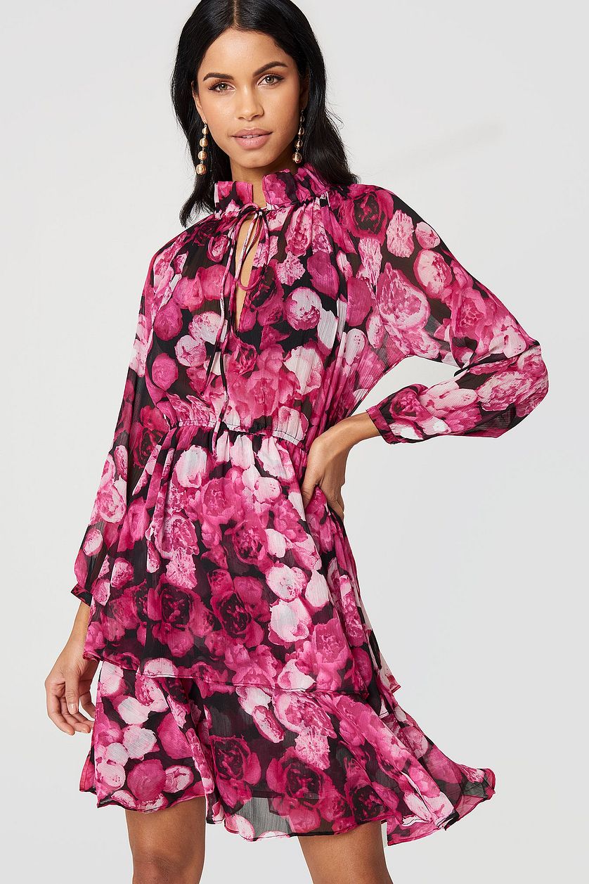 Stylish Pink Fit and Flare Dress with Printed Long Sleeves