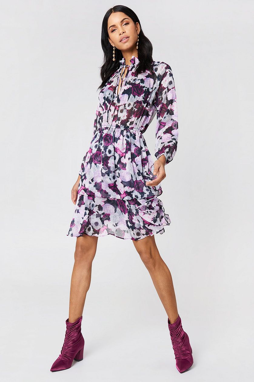 Stylish Purple Fit and Flare Printed Polyester Dress with Long Sleeves