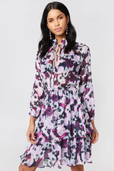 Stylish Purple Fit and Flare Printed Polyester Dress with Long Sleeves