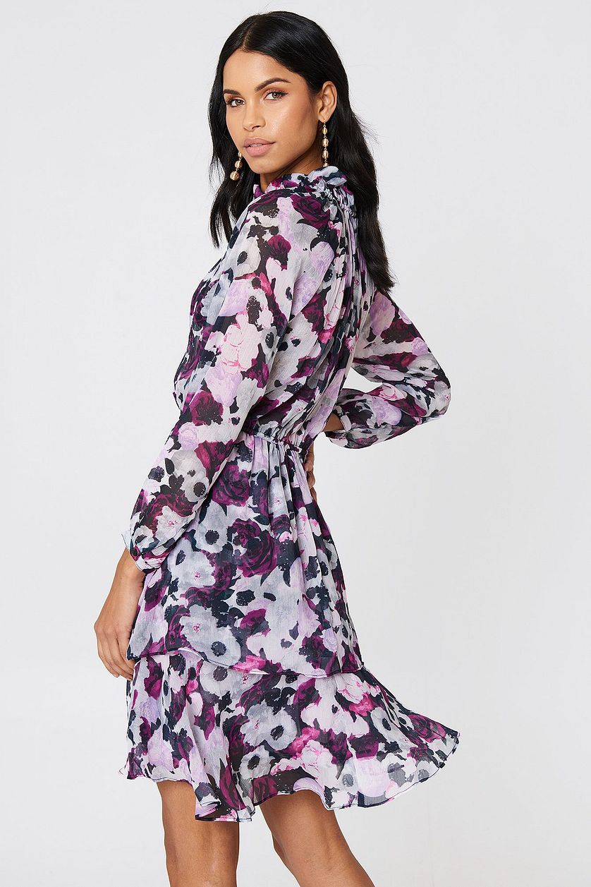 Stylish Purple Fit and Flare Printed Polyester Dress with Long Sleeves