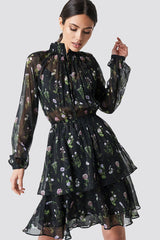 Elegant Black Chiffon Fit and Flare Dress with Long Sleeves and Printed Design