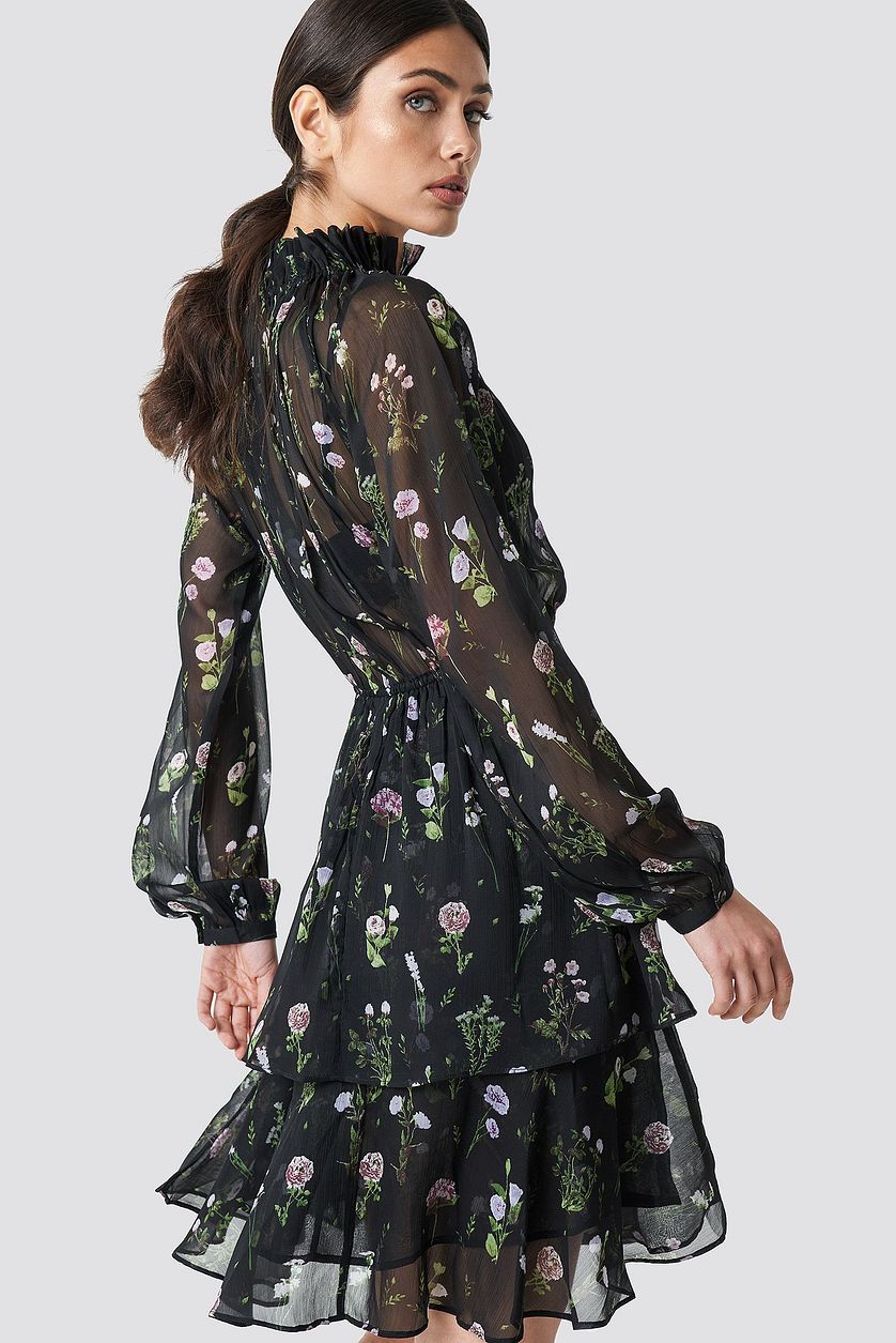 Elegant Black Chiffon Fit and Flare Dress with Long Sleeves and Printed Design