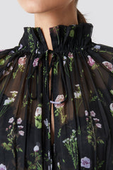 Elegant Black Chiffon Fit and Flare Dress with Long Sleeves and Printed Design