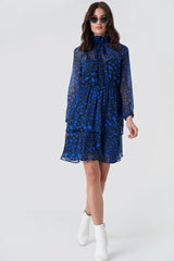 Stylish Blue Fit and Flare Chiffon Dress with Printed Long Sleeves