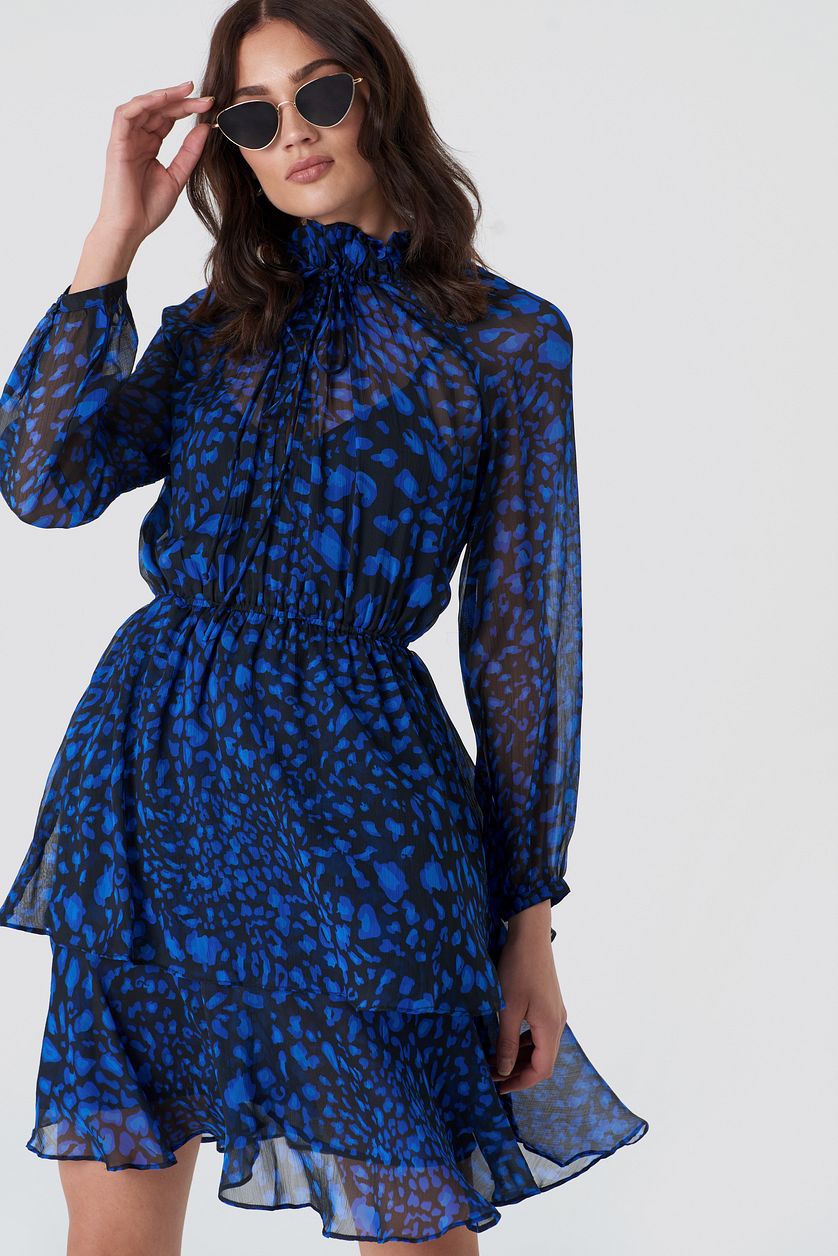 Stylish Blue Fit and Flare Chiffon Dress with Printed Long Sleeves