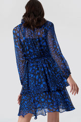 Stylish Blue Fit and Flare Chiffon Dress with Printed Long Sleeves