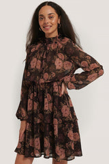 Stylish Pink Chiffon Fit and Flare Dress with Long Sleeves and Print Design