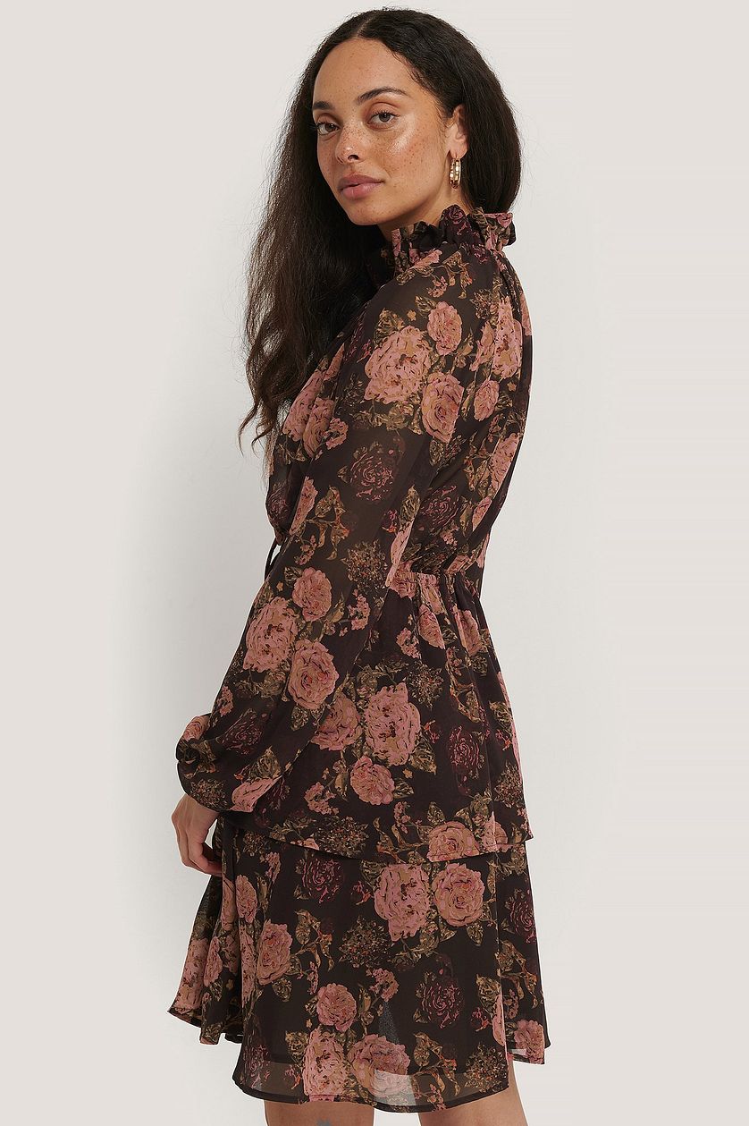 Stylish Pink Chiffon Fit and Flare Dress with Long Sleeves and Print Design